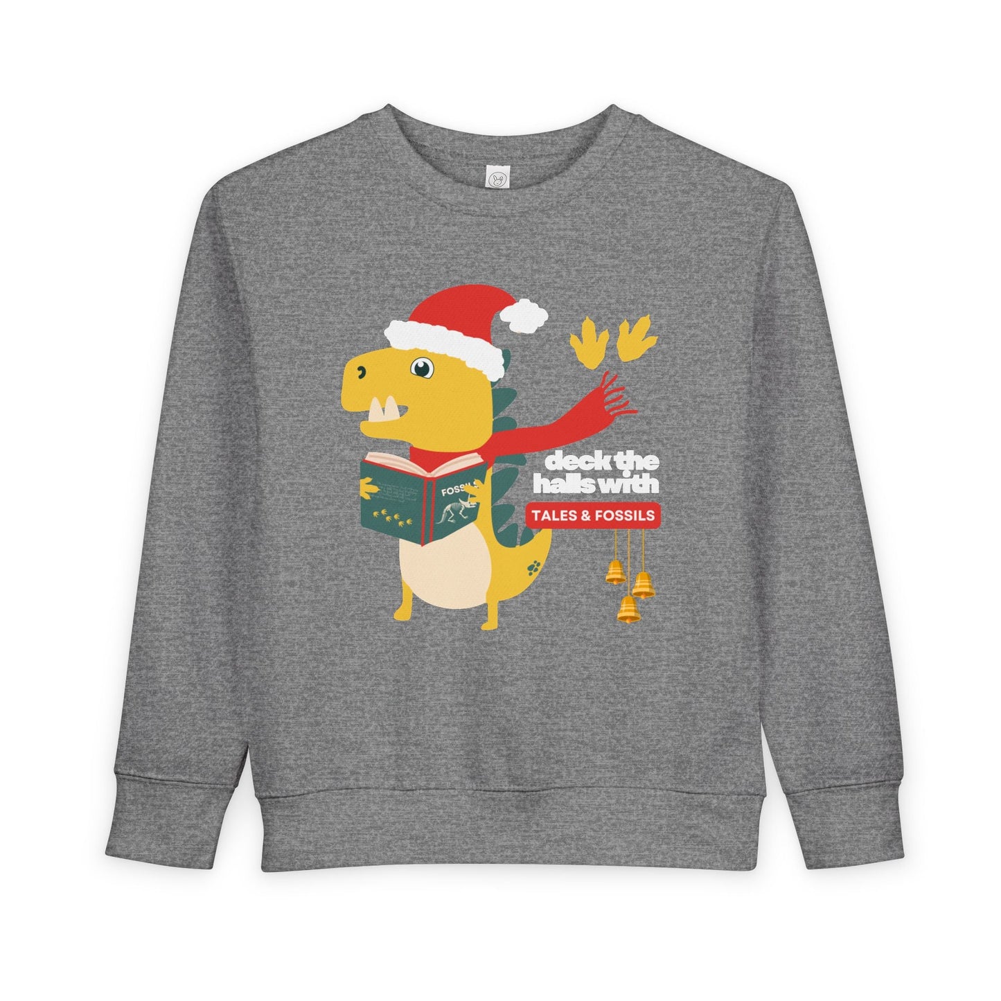 Gray toddler sweatshirt with a dinosaur wearing a Santa hat, reading a book, and text 'deck the halls with tales & fossils' 