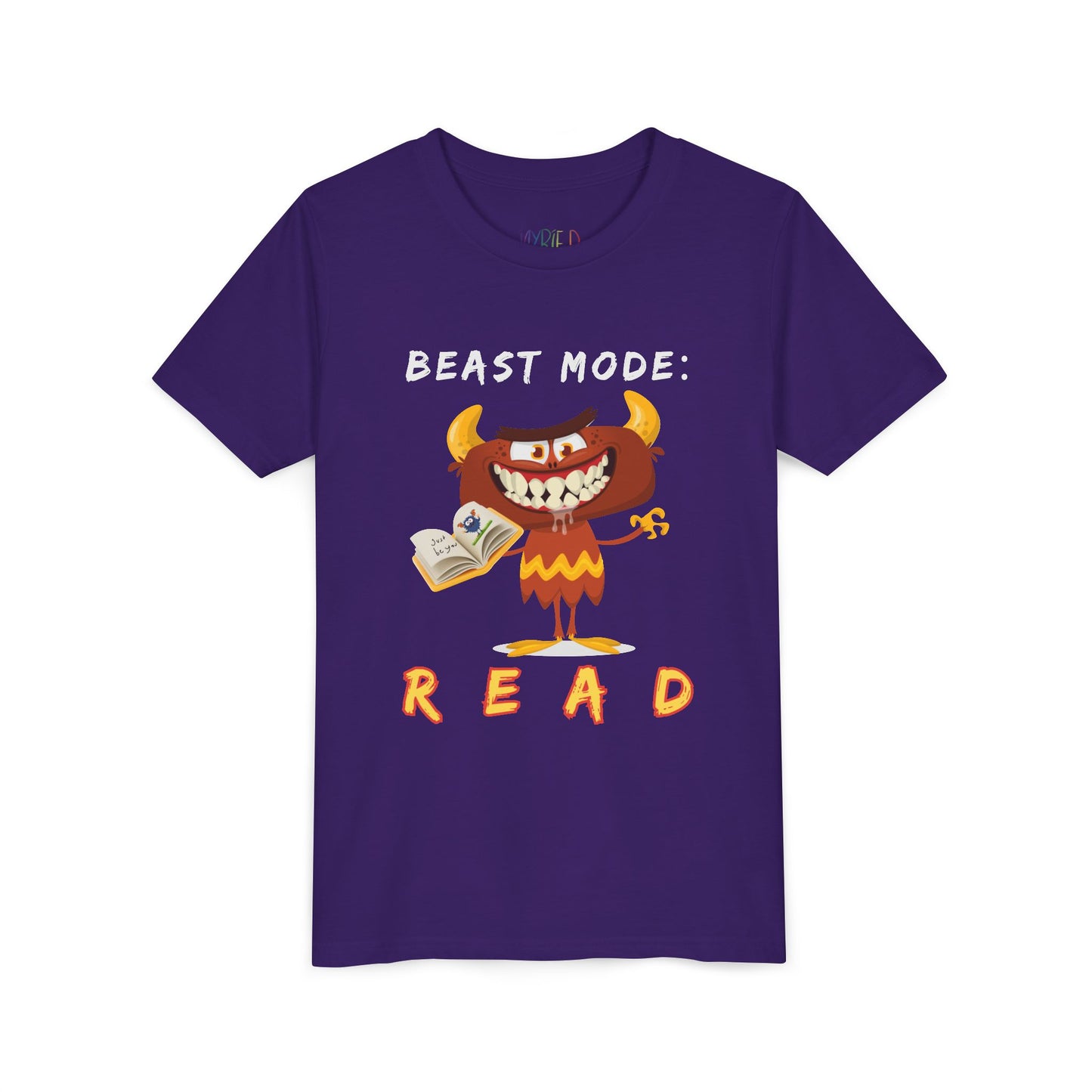 Purple t-shirt with a toothy, drooling, cartoon monster holding an open book and 'BEAST MODE: READ' text