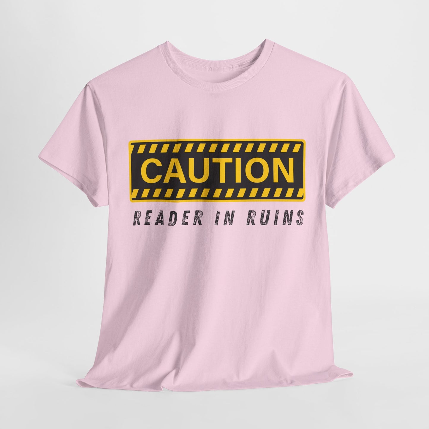 Teen/Adult Unisex Tee – CAUTION: Reader in Ruins (Yellow Caution)