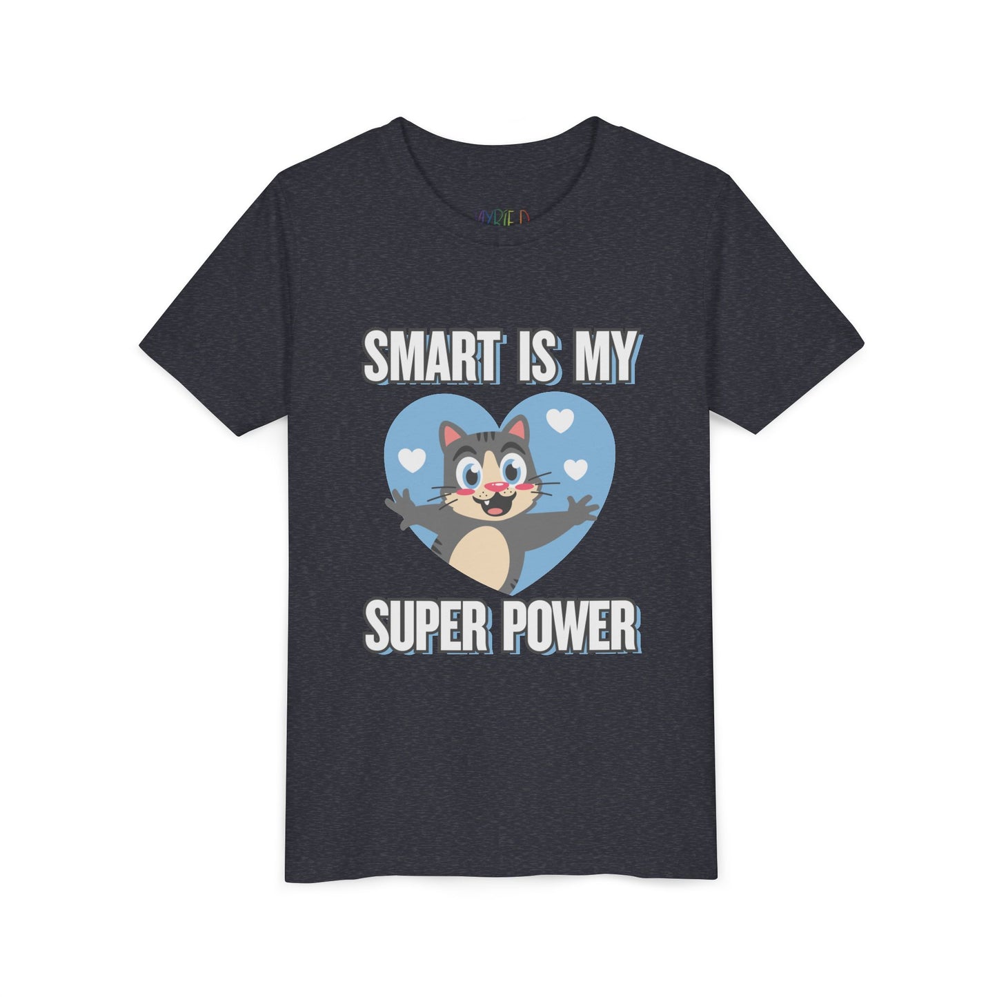 Heather navy t-shirt with cartoon cat character in a blue heart and text 'Smart Is My Super Power'