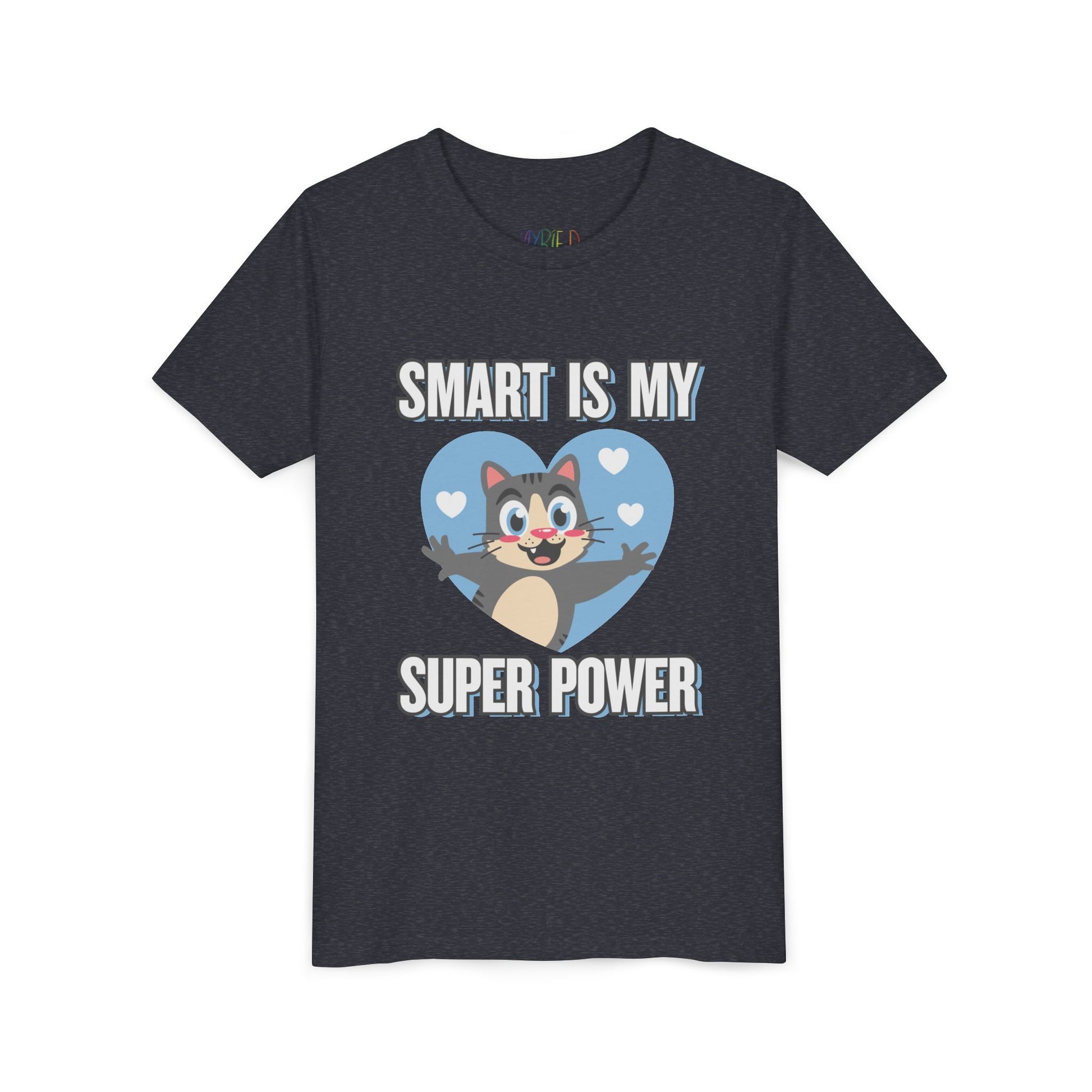 Heather navy t-shirt with cartoon cat character in a blue heart and text 'Smart Is My Super Power'