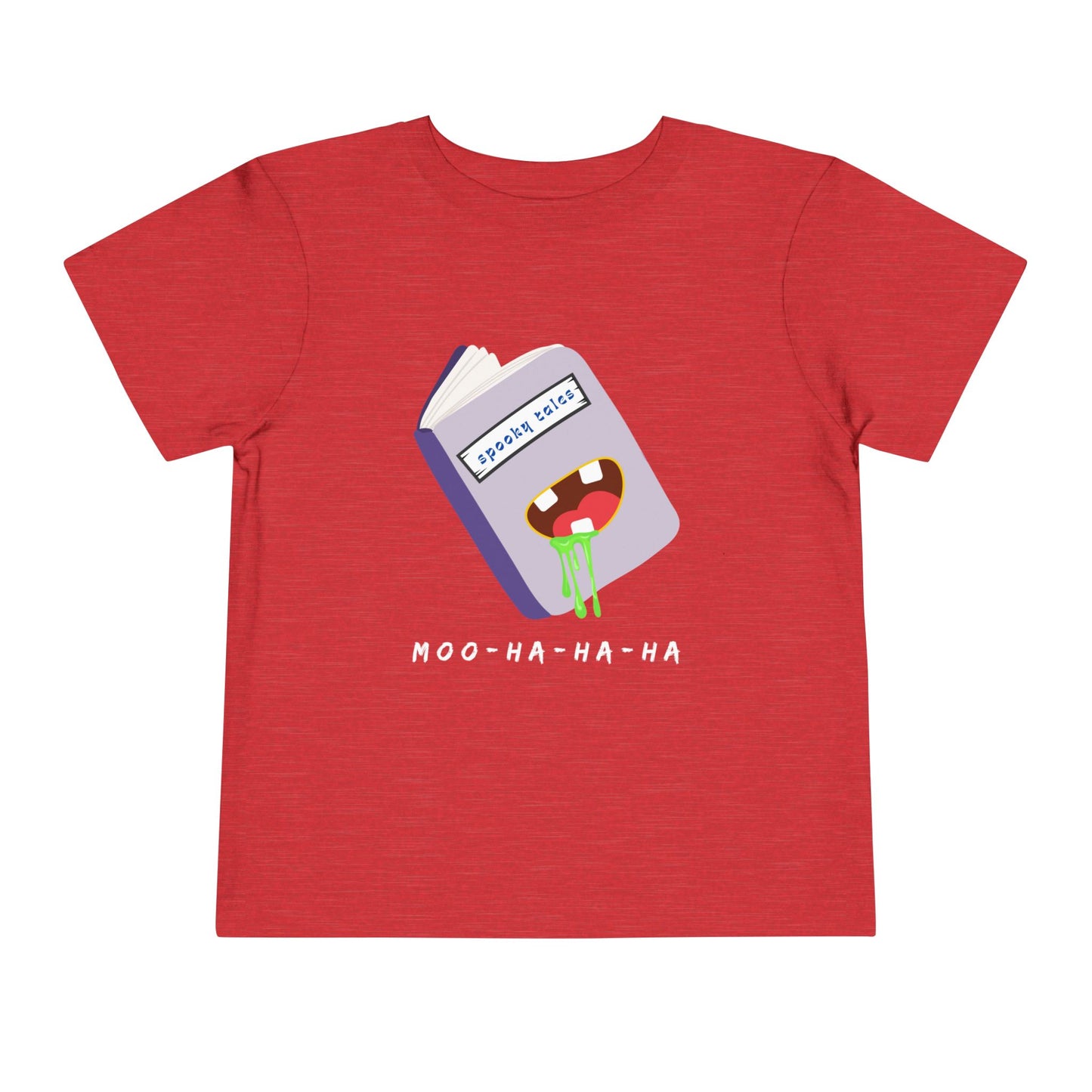 Red toddler 'Moo-Ha-Ha-Ha' spooky tales t-shirt on a white back ground