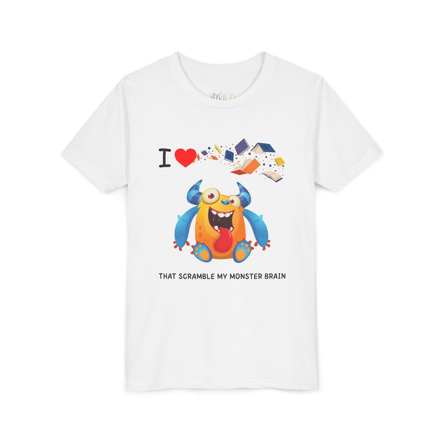 White t-shirt with a goofy, yet colorful cartoon monster character, books flying through air and playful I love books that Scramble My Monster Brain text