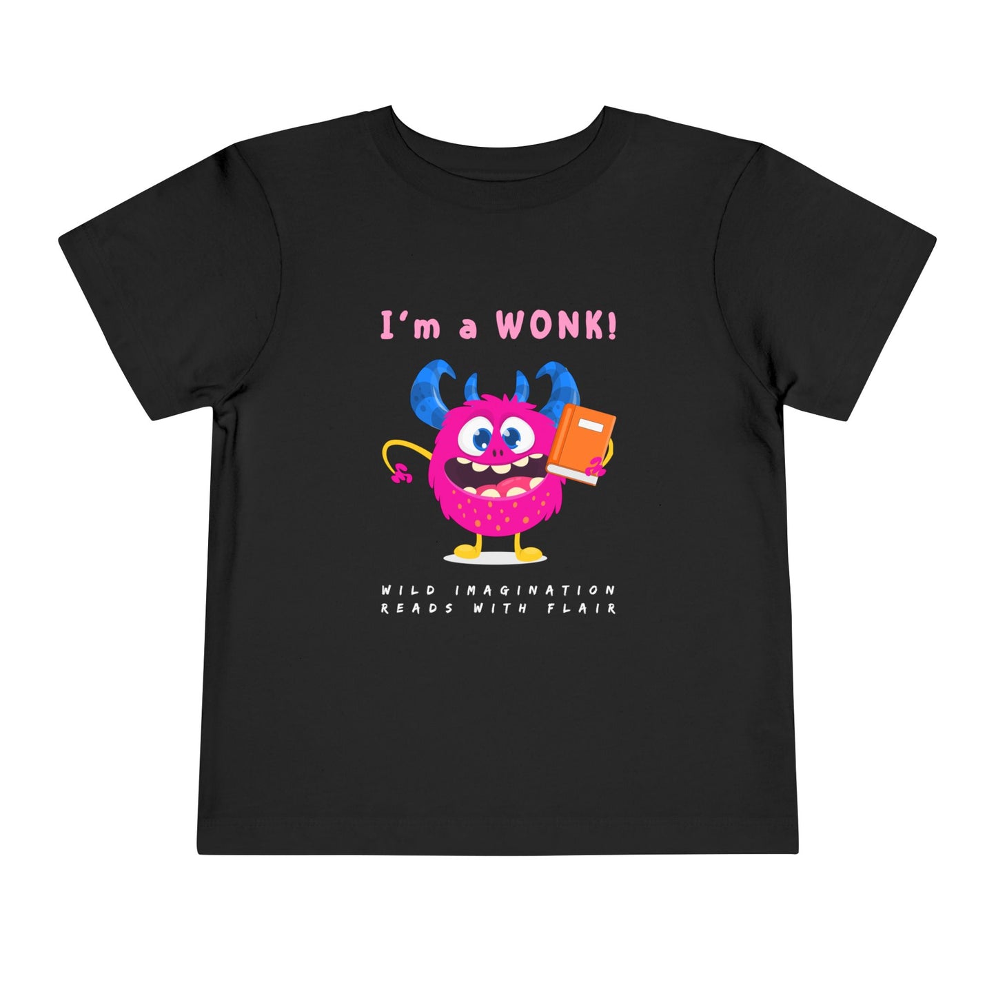 Black toddler personality t-shirt with a cartoon monster holding a book, proudly proclaiming 'I'm a WONK!' Sub-text 'Wild Imagination, Reads With Flair' on a white background