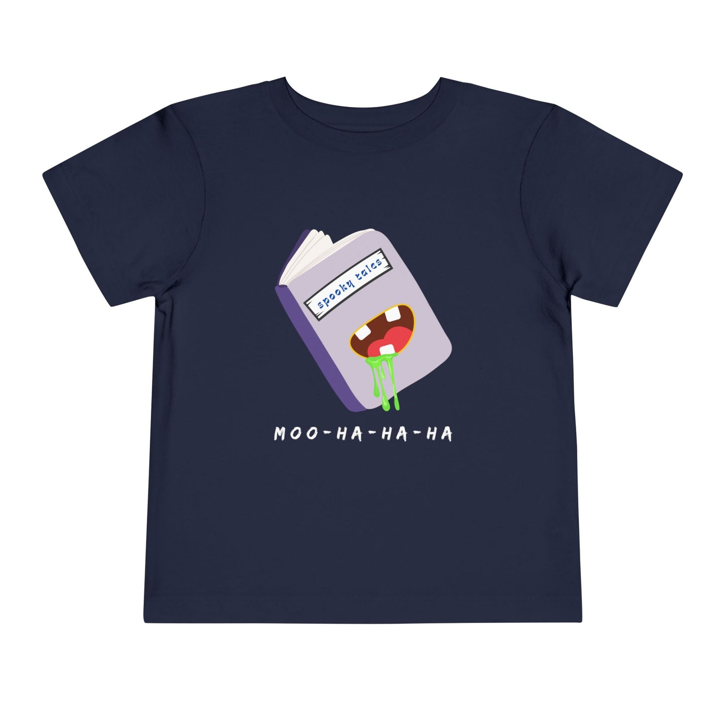 Navy blue toddler 'Moo-Ha-Ha-Ha' spooky tales t-shirt on a white back ground