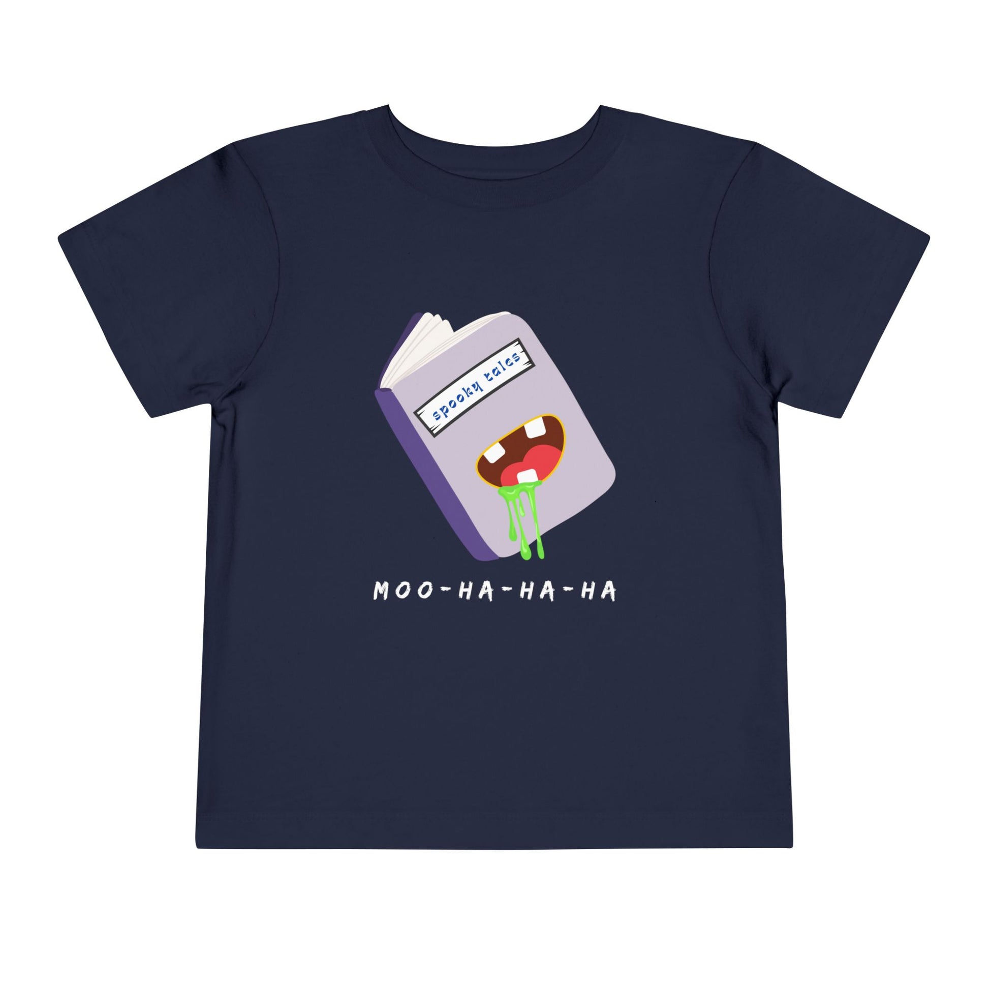 Navy blue toddler 'Moo-Ha-Ha-Ha' spooky tales t-shirt on a white back ground