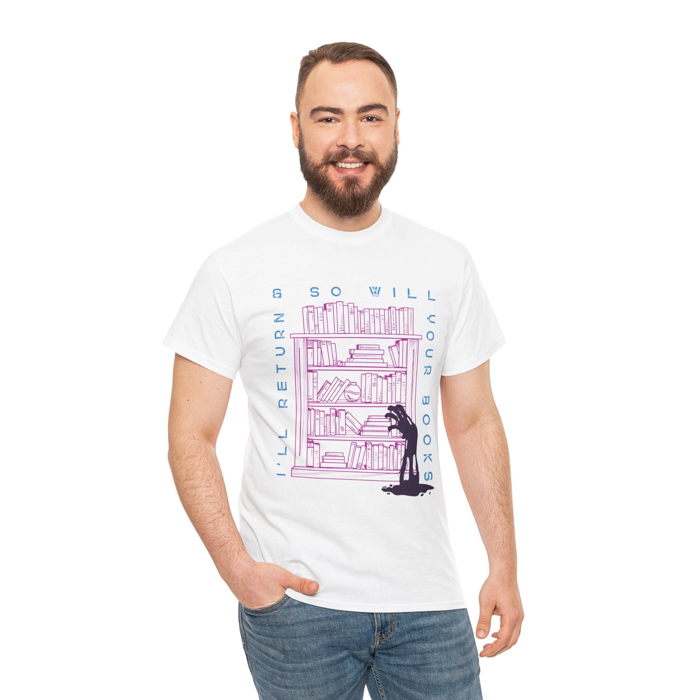 Man wearing a white t-shirt with a graphic design of a zombie arm reaching for a book on a bookshelf and text 'I'll Return & So Will Your Books' on a hanger against a white background