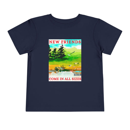 Navy blue toddler t-shirt with a colorful nature beach scene and text 'New Friends Come in All Sizes'