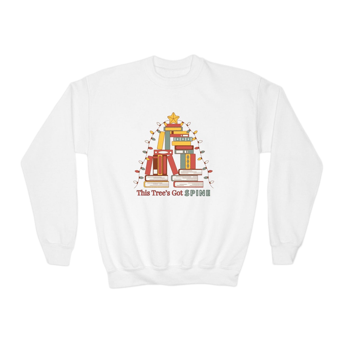 Youth This Treeâ€™s Got Spine Sweatshirt â€“ Bookish Holiday Tree Design Printify