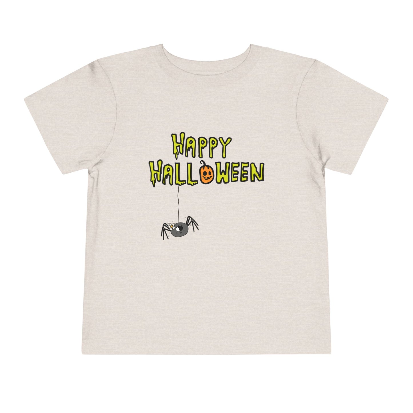 Tan t-shirt with creepy type text 'Happy Halloween' and a dangling spider 