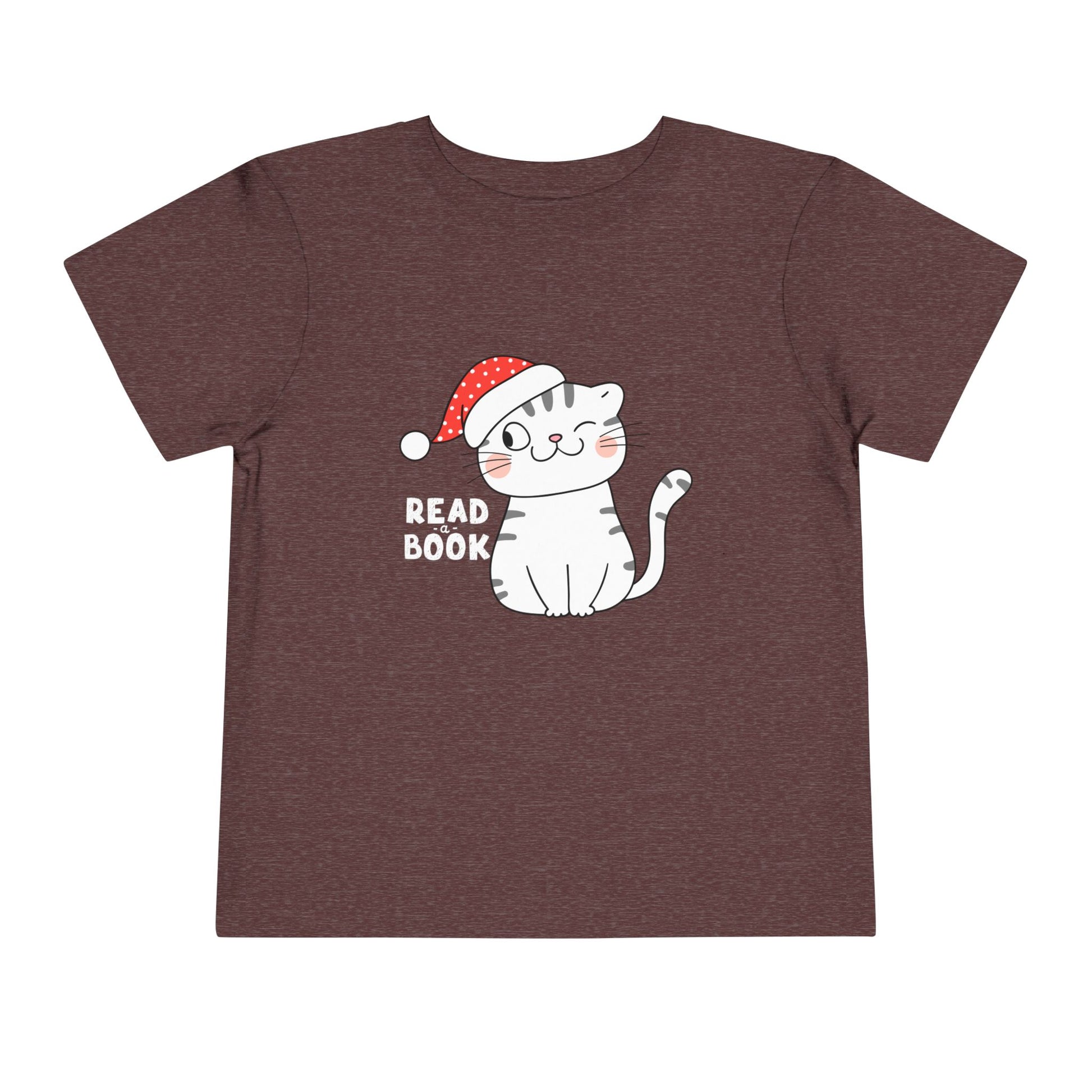 Maroon toddler t-shirt with a winking cat wearing a Santa hat and 'Read a Book' text on a white background