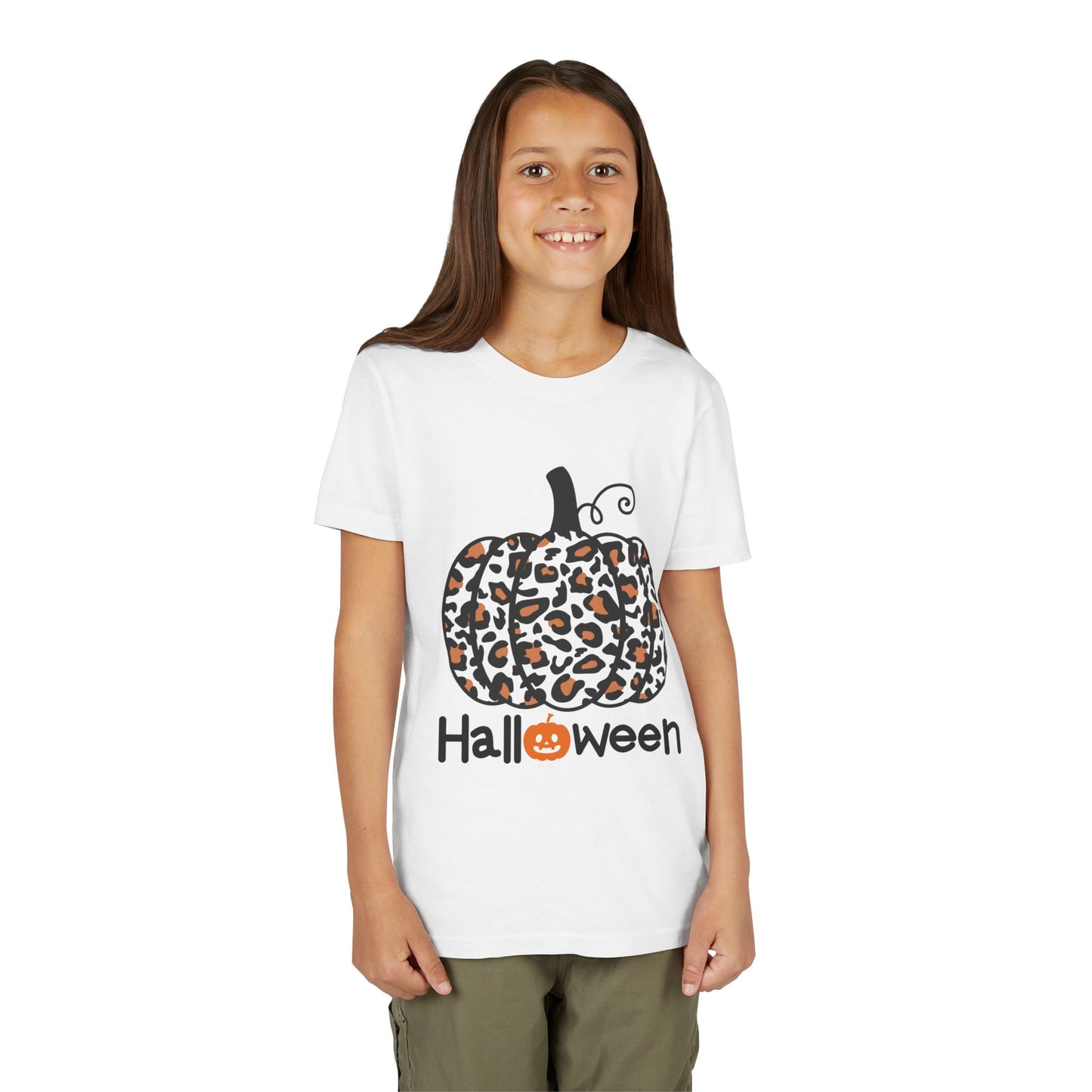 Girl wearing a white t-shirt with a leopard print pumpkin and 'Halloween' text
