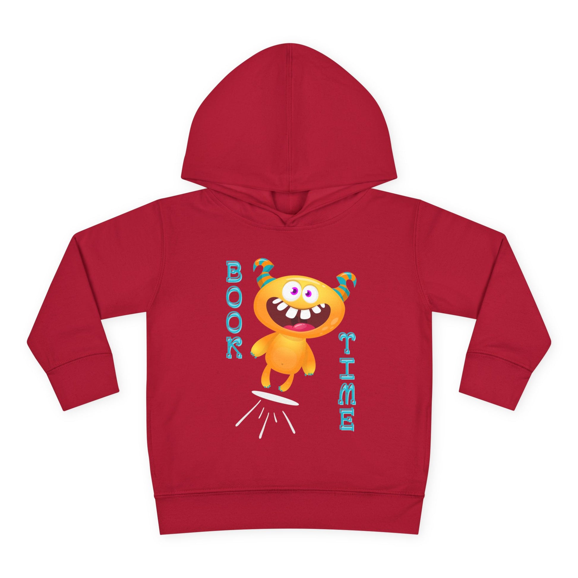 Red hoodie with a yellow cartoon monster and text  "Book Time" on a white background