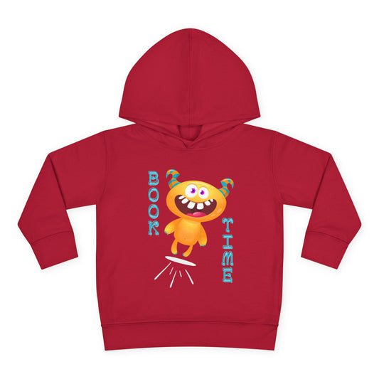 Red hoodie with a yellow cartoon monster and text  "Book Time" on a white background