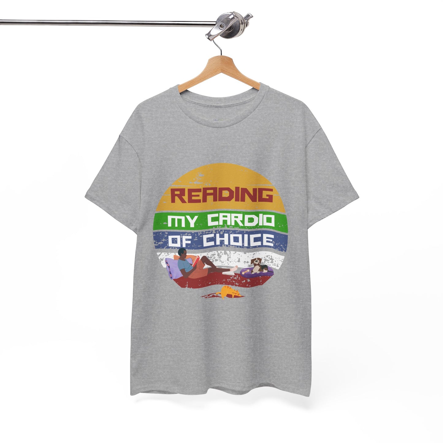 Gray retro t-shirt with a colorful striped circle featuring a man reading a book alongside his dog and cat, and text 'Reading, My Cardio Of Choice' 