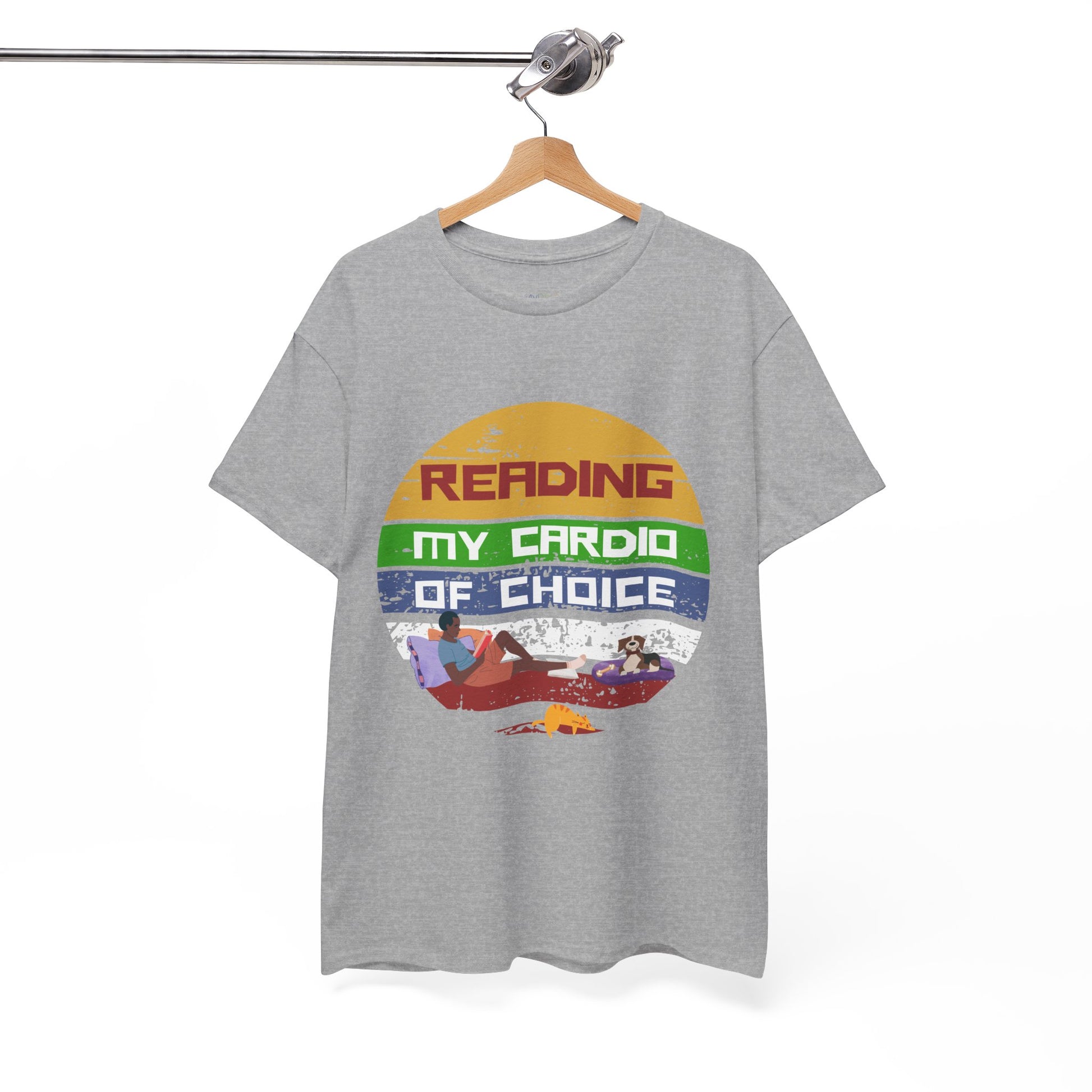 Gray retro t-shirt with a colorful striped circle featuring a man reading a book alongside his dog and cat, and text 'Reading, My Cardio Of Choice' 