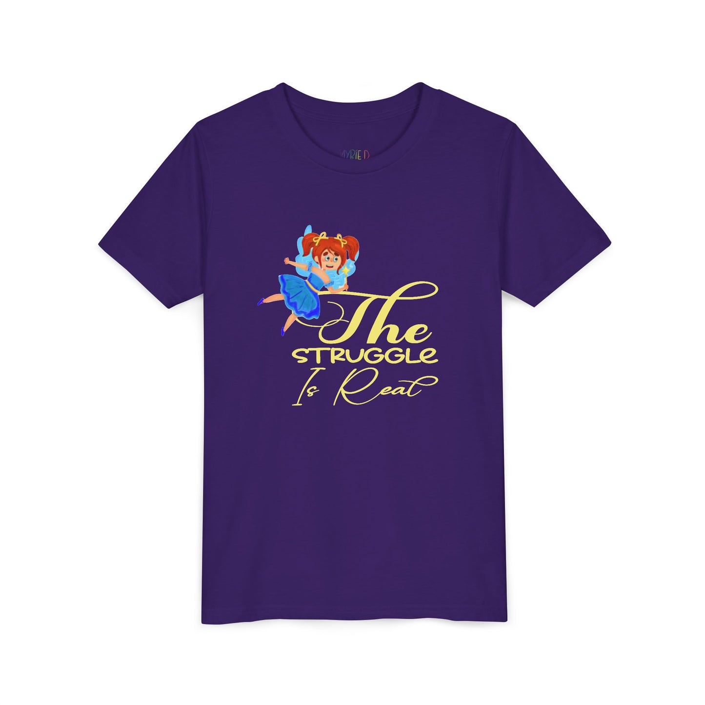 Purple t-shirt with cartoon fairy and 'The Struggle Is Real' text 