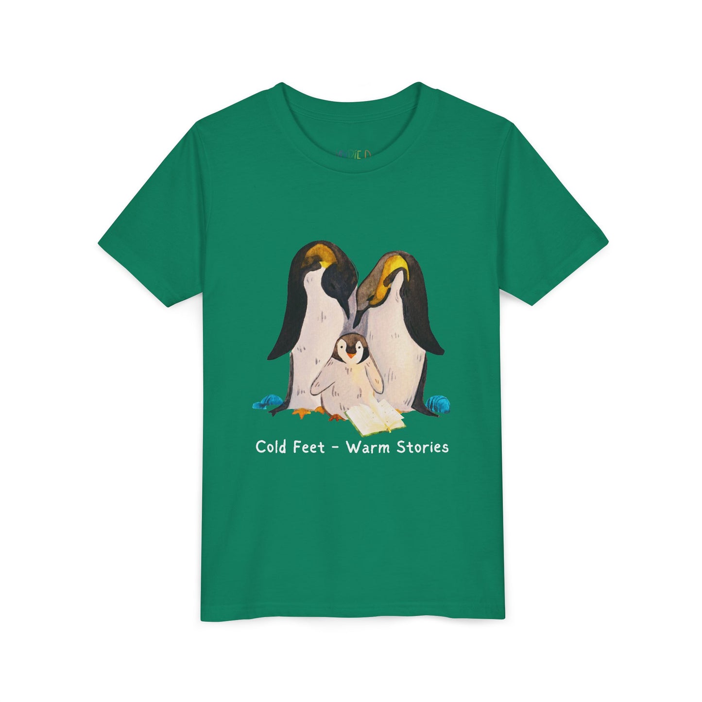 Green t-shirt with a penguin family, open book and text 'Cold Feet - Warm Stories'