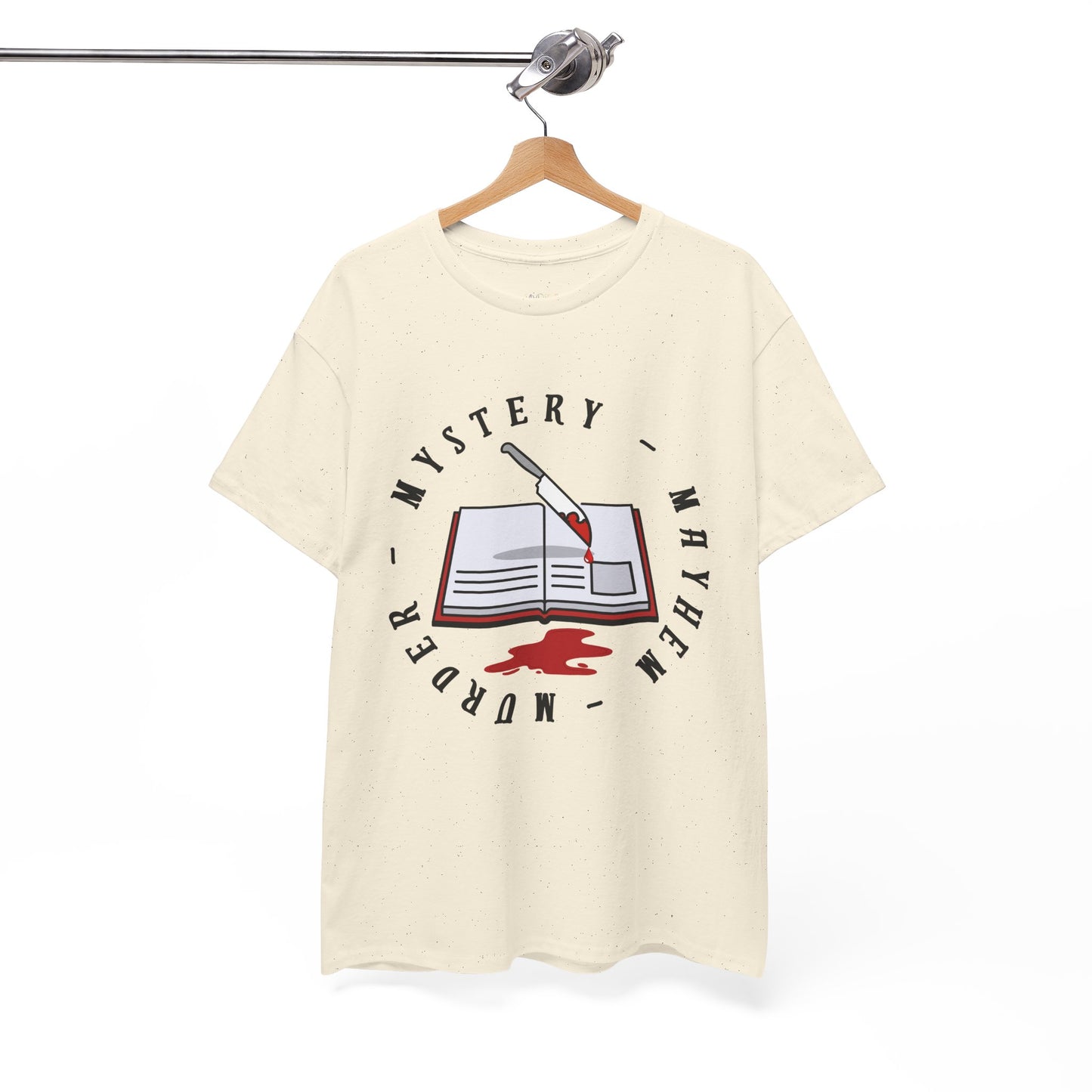 Beige t-shirt with an open book, bloody knife and circular text 'Murder - Mystery - Mayhem'