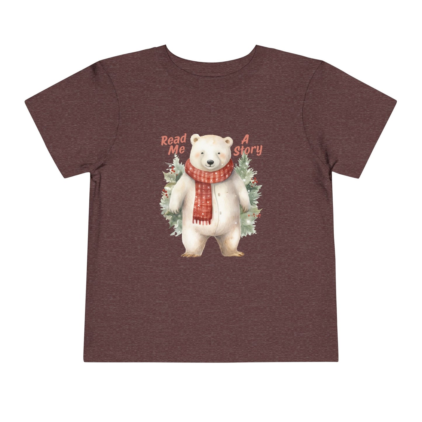 Maroon toddler t-shirt with a polar bear wearing a scarf, surrounded by trees and text 'Read Me A Story' on a white background