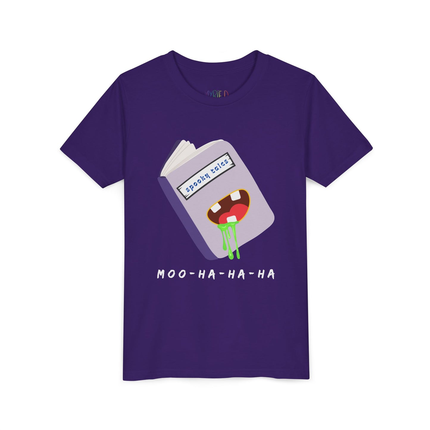 Purple t-shirt with a graphic design of a book titled 'Spooky Tales' and a green drooling mouth on the cover, text 'Moo-Ha-Ha-Ha' at the bottom