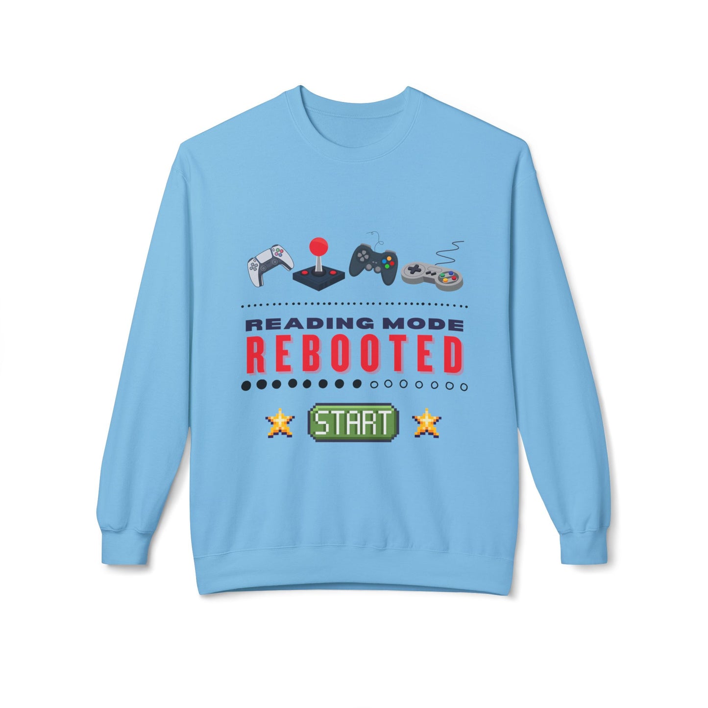 Light blue sweatshirt with gaming-themed design and text 'Reading Mode Rebooted'