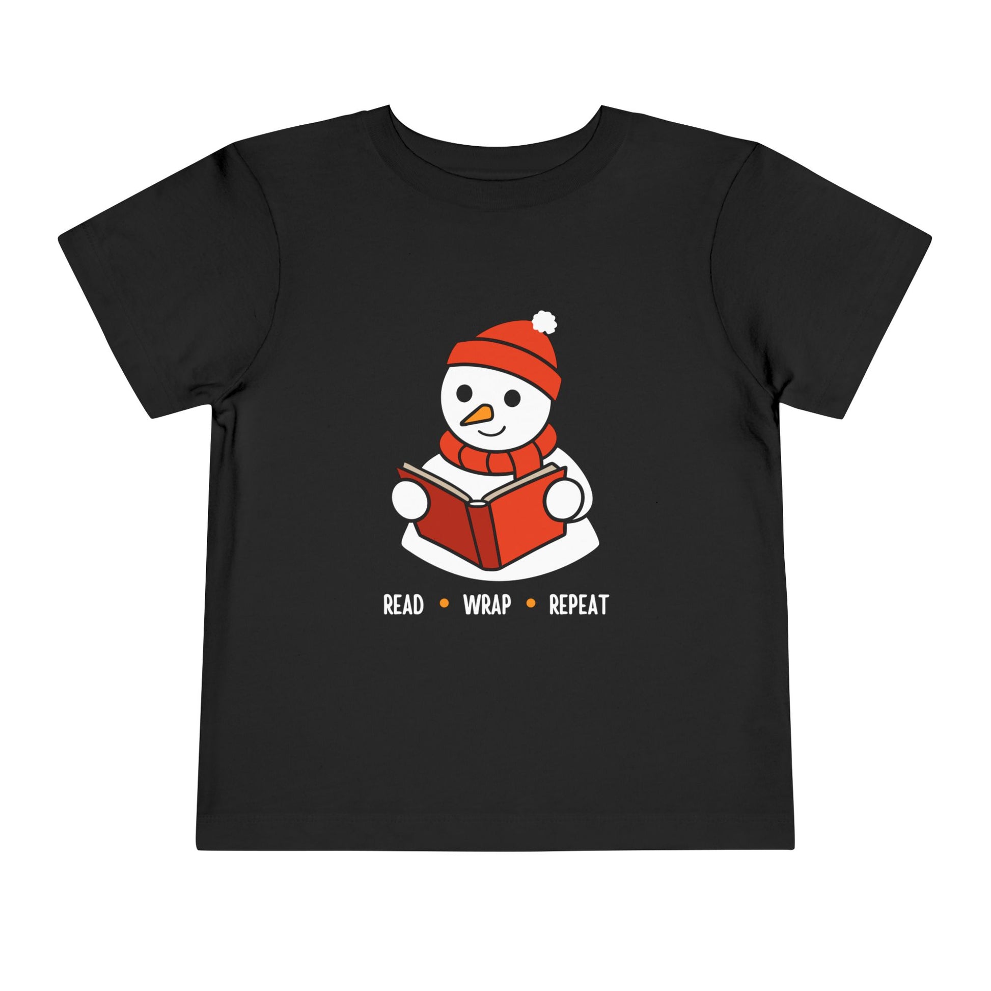 Black toddler t-shirt with a snowman reading a book design, and text 'Read, Wrap, Repeat' on a white background