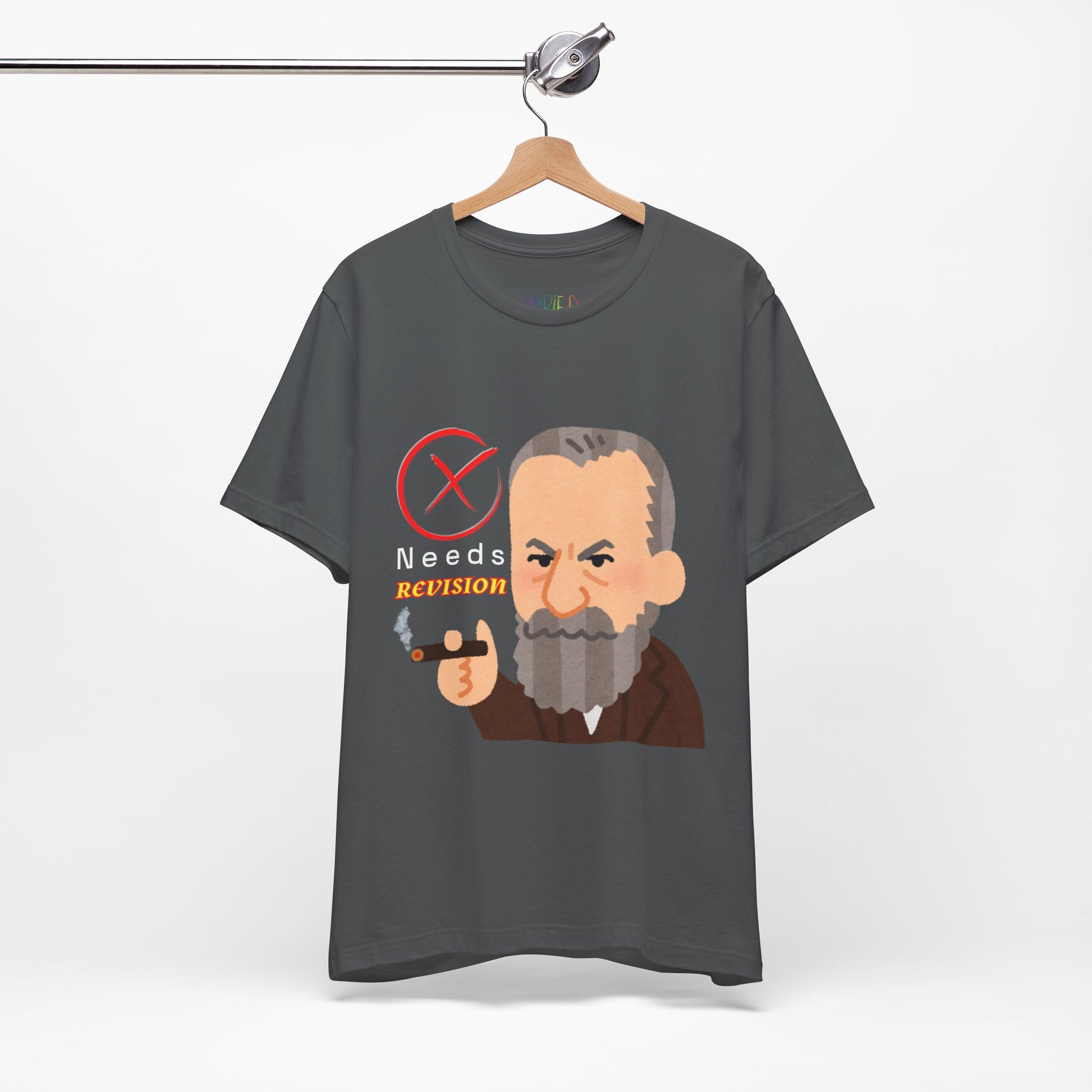 Gray t-shirt with a graphic design of a grumpy man smoking a cigar, a big red 'X' and text 'Needs Revision' 