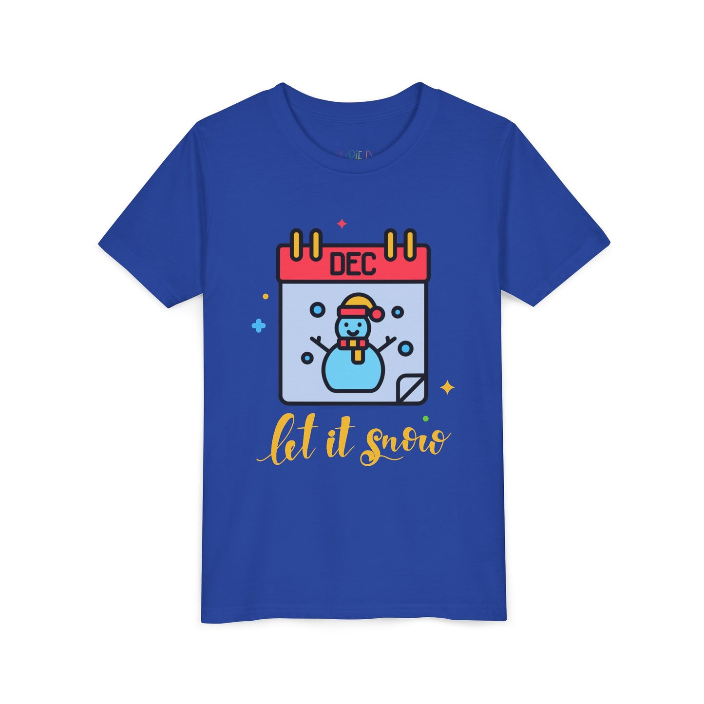 Blue t-shirt with a snowman calendar design and 'let it snow' text on a white background