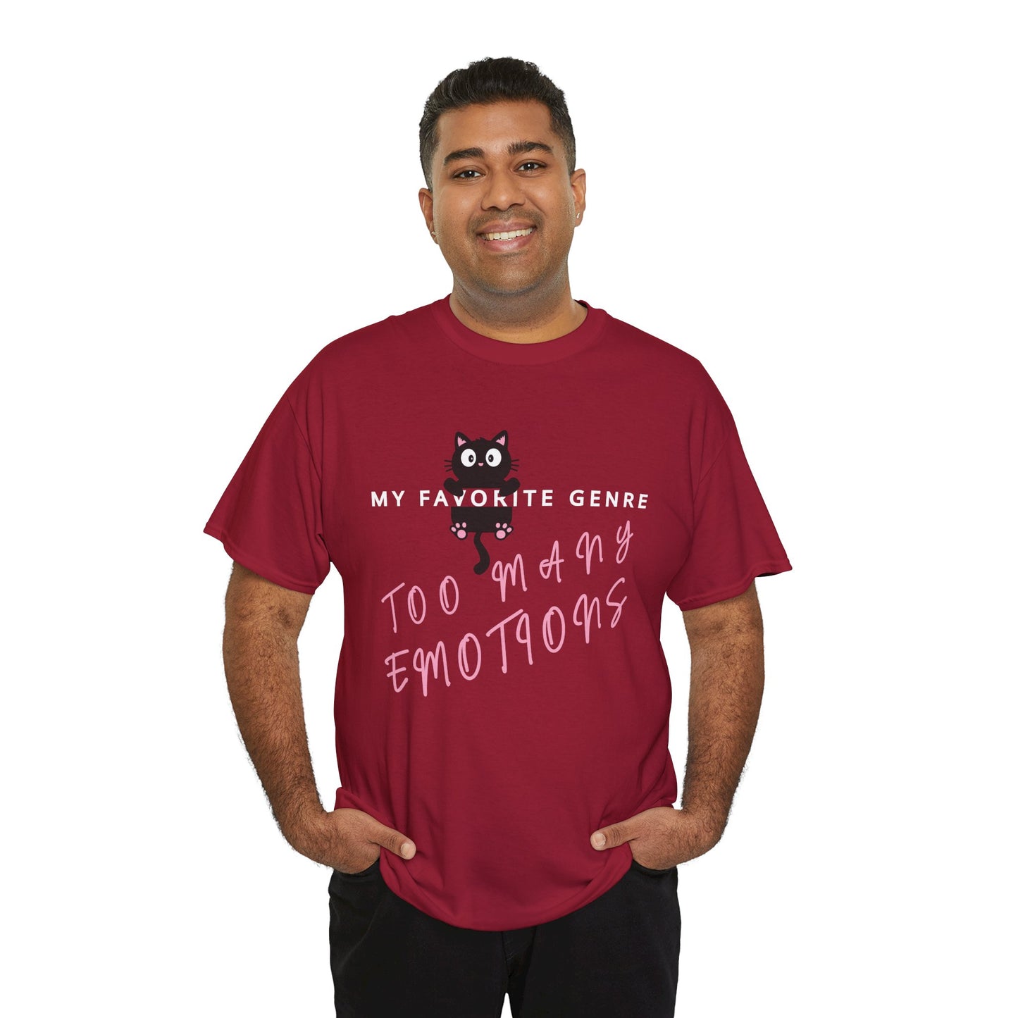 Man wearing a red t-shirt with a black cat graphic hanging onto a word and text 'My Favorite Genre - Too Many Emotions' 