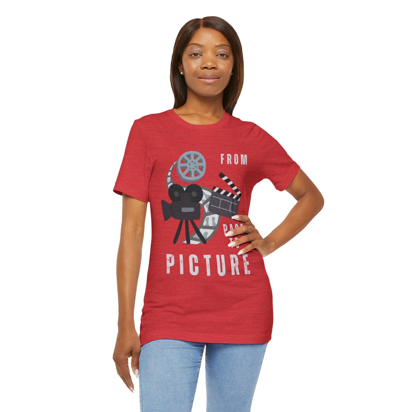 Woman wearing a red t-shirt with movie-themed graphic and text 'From Page to Picture' 