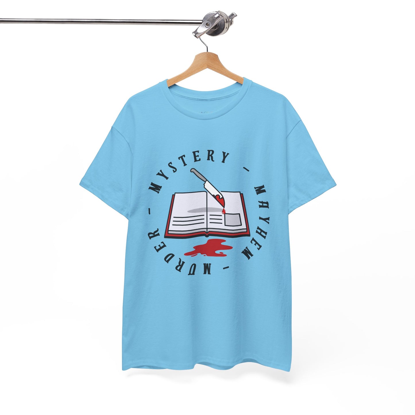 Light blue t-shirt with an open book, bloody knife and circular text 'Murder - Mystery - Mayhem'