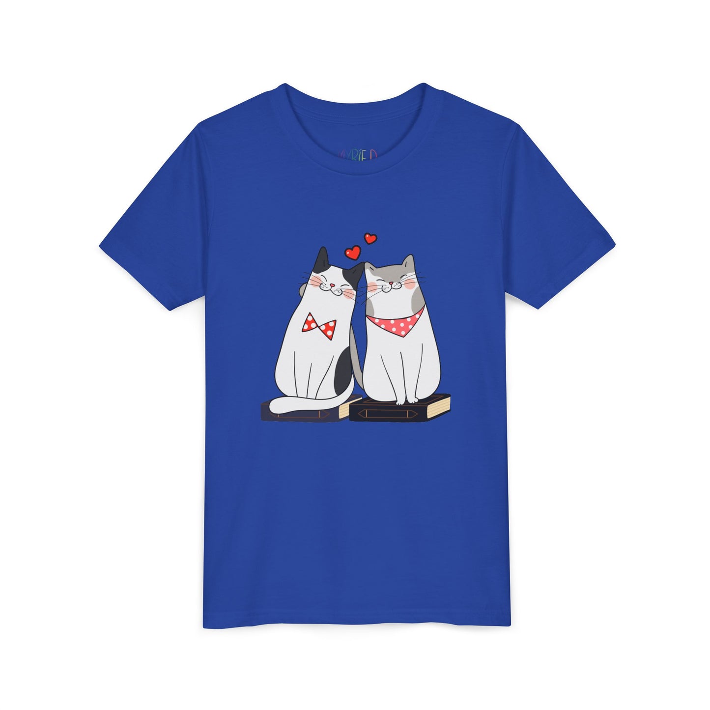 Blue t-shirt with two cats snuggled up on books