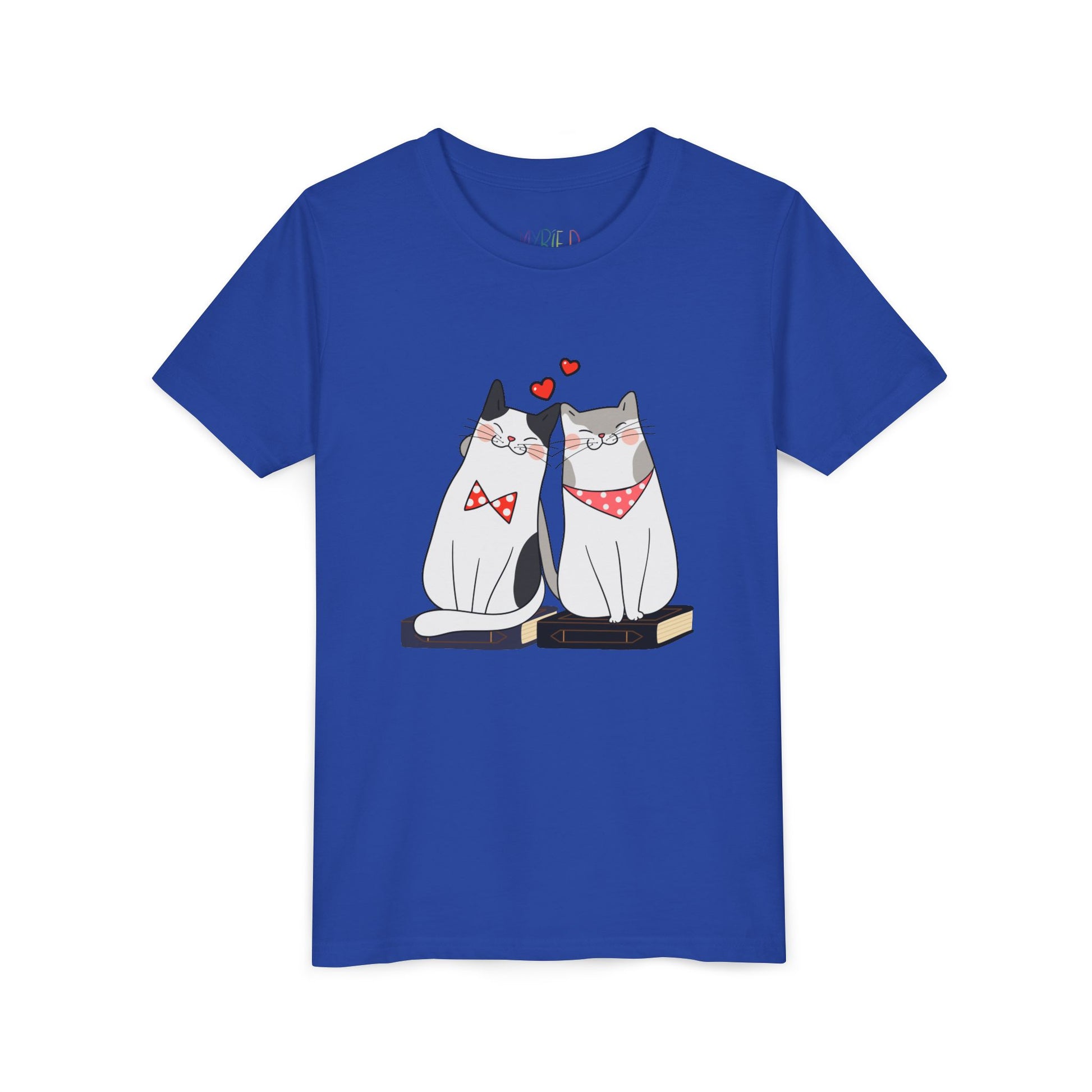 Blue t-shirt with two cats snuggled up on books