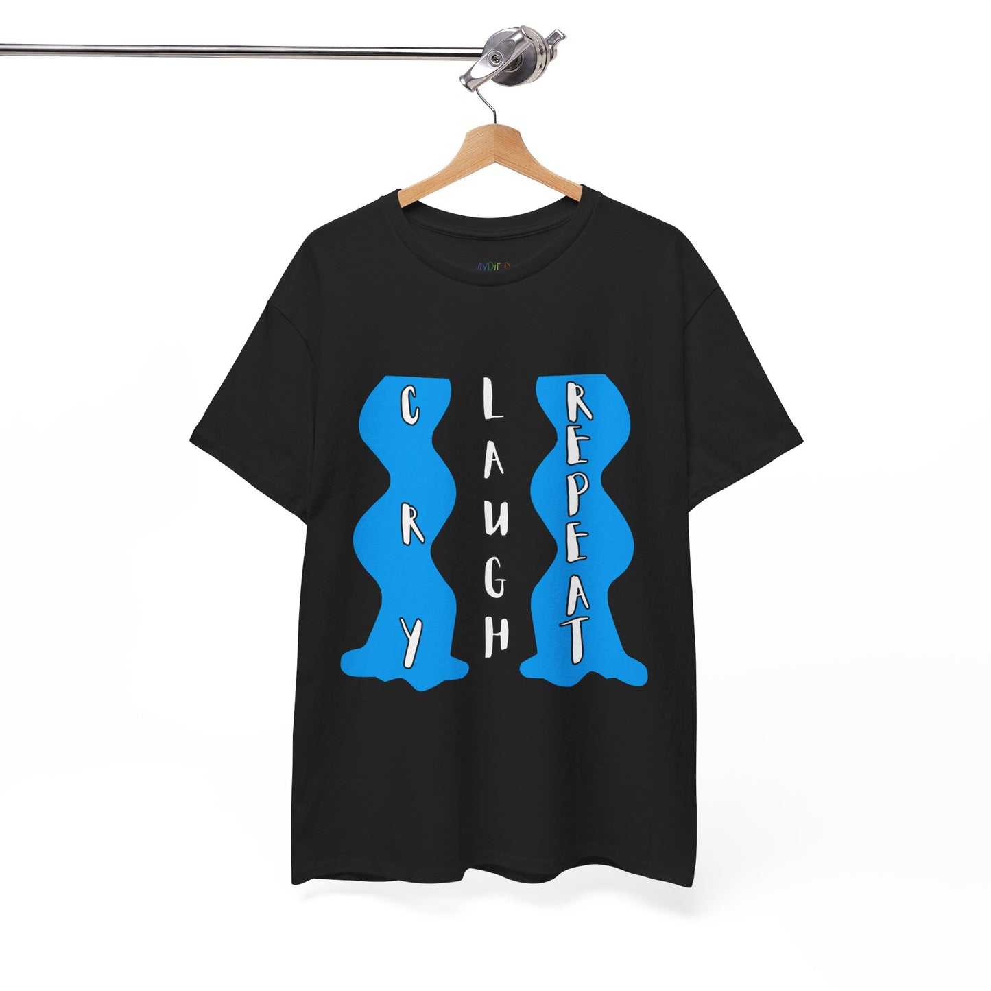 Dark t-shirt with blue waterfalls of tears and vertical text 'Cry. Laugh. Repeat' 