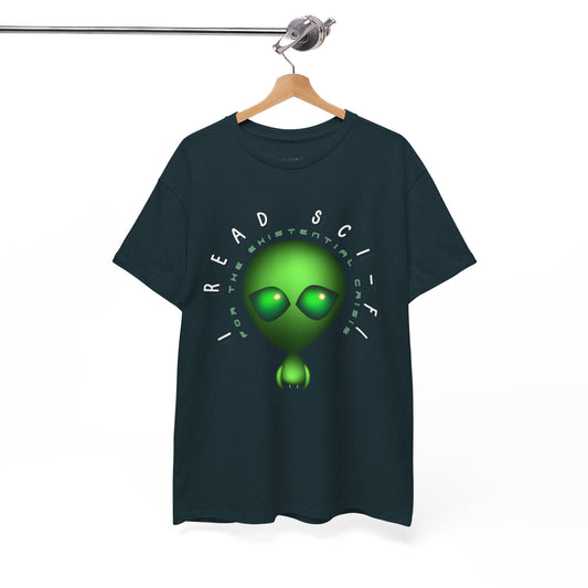 Dark t-shirt with a green alien graphic and text in two layers around it's head 'I Read Sci-Fi' and 'For The Existential Crisis' 