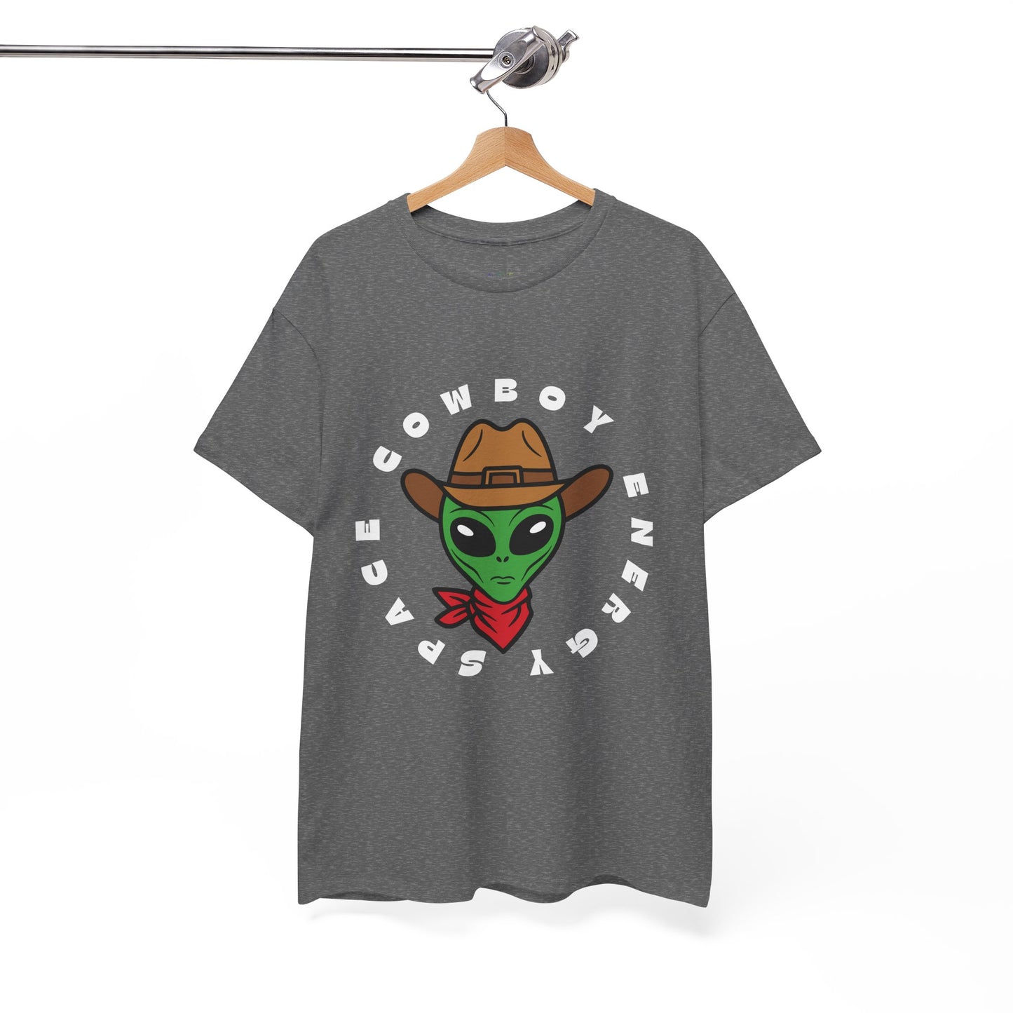 Gray t-shirt with a large cowboy alien in the enter, circled by text 'Space Cowboy Energy' 