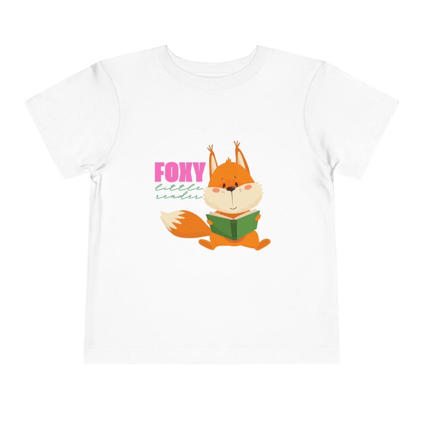 White toddler t-shirt with a fox reading a book graphic and 'Foxy Little Reader' text 