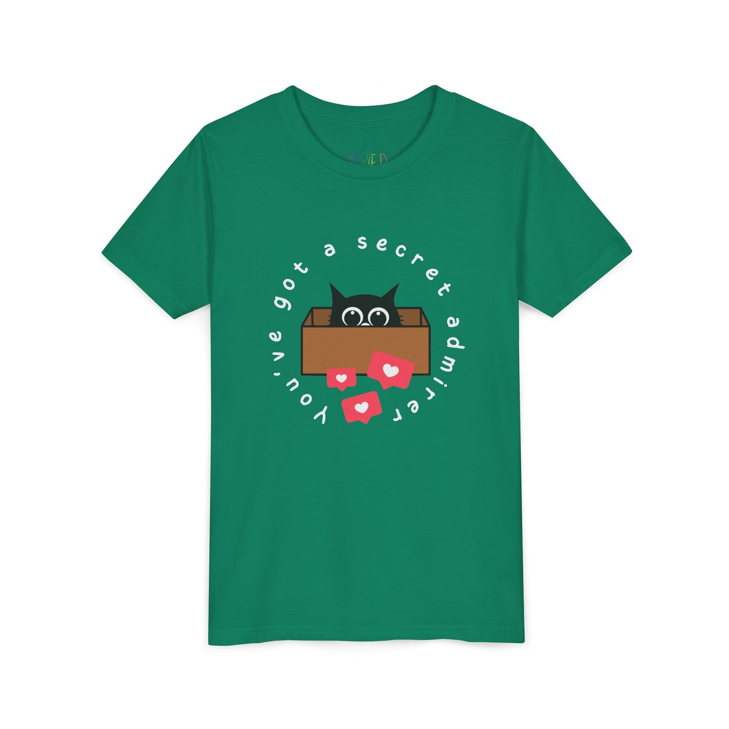 Green t-shirt with a graphic of a cat peeking out of a box, heart social media bubbles and text 'You've Got A Secret Admirer' 