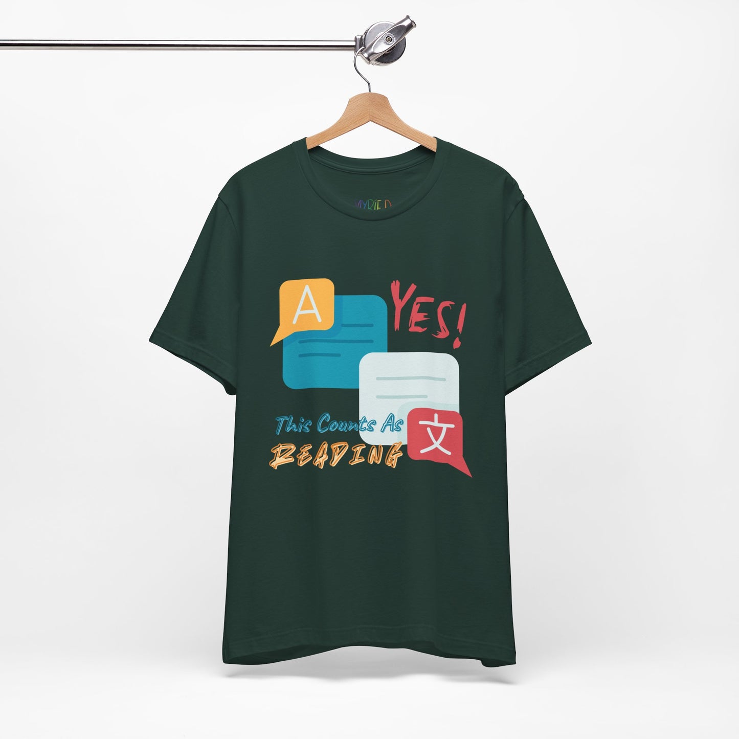 dark green t-shirt with colorful instant messaging boxes and text 'YES! This Counts As Reading'