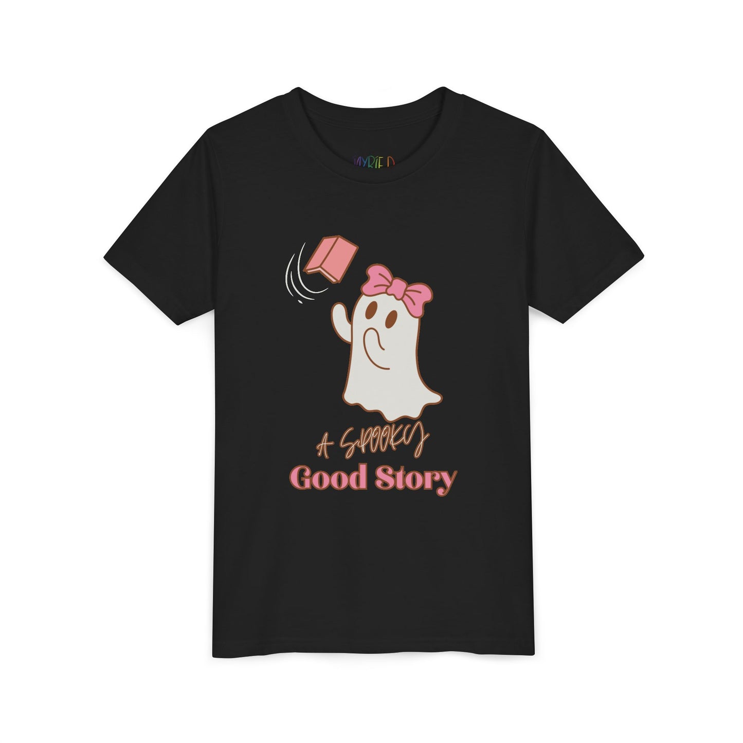 Black t-shirt with ghost trying to catch a haunted book and text 'A Spooky Good Story'