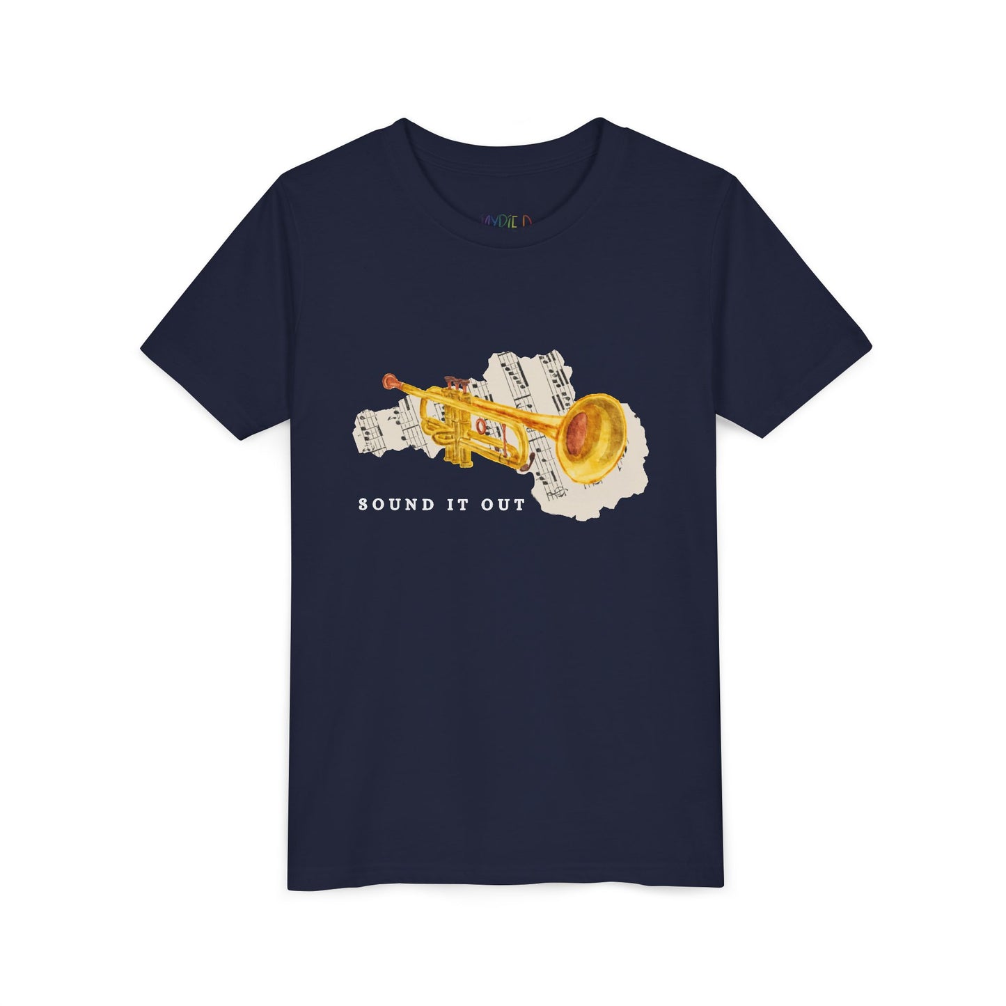 Navy blue t-shirt with a gold trumpet, torn music sheet and 'SOUND IT OUT' text 