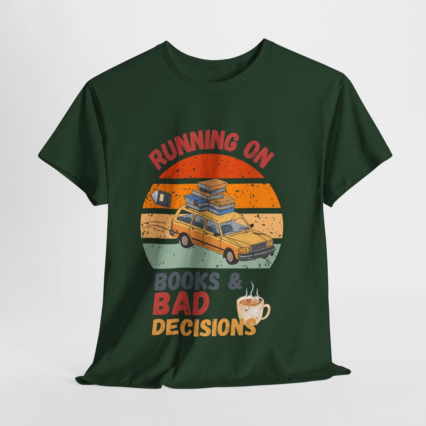 Teen/Adult Unisex Running on Books & Bad Decisions Tee – Funny Retro Reader Shirt for Book Addicts (Coffee Edition)