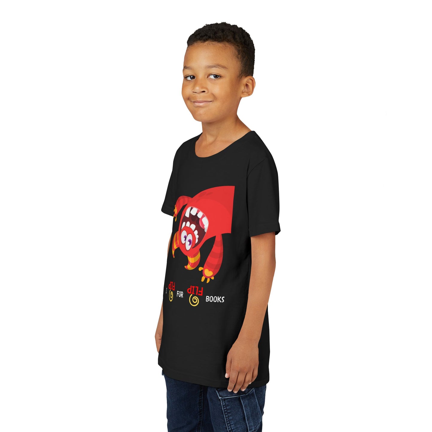Boy wearing a black t-shirt with an upside down red monster cartoon character and playful text 'I FLIP FOR FLIP BOOKS'