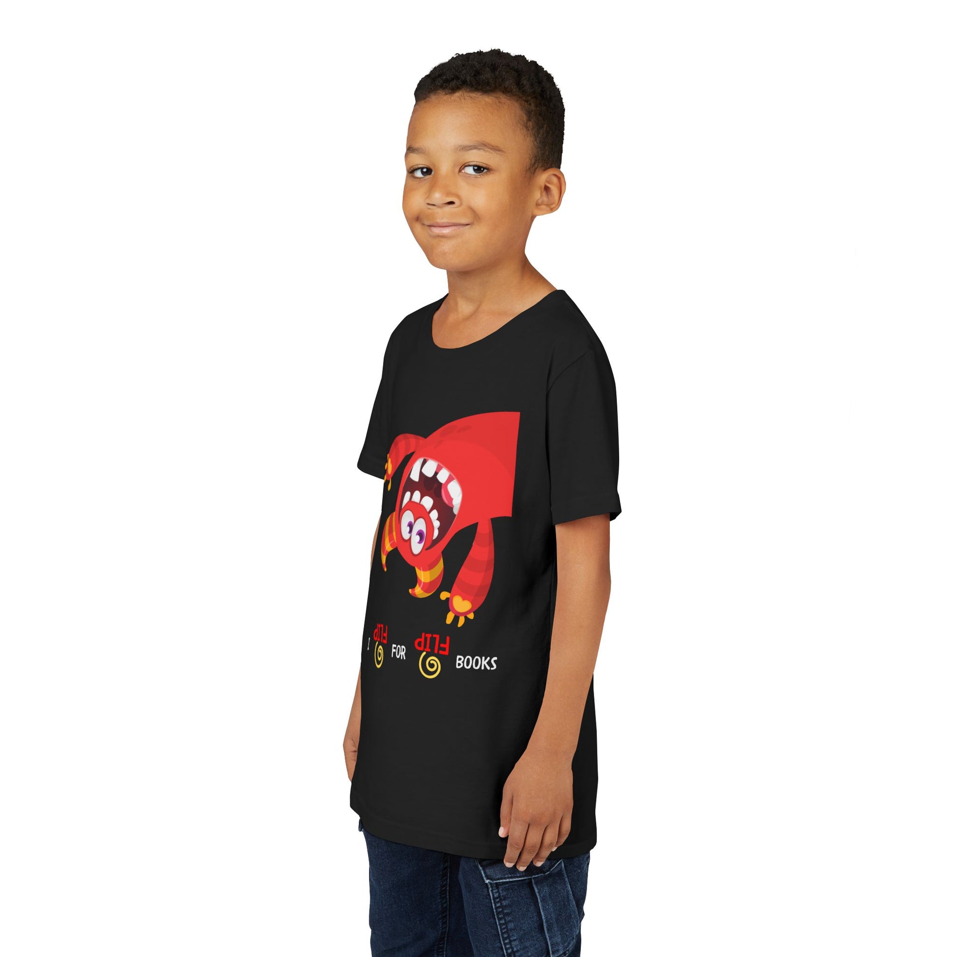 Boy wearing a black t-shirt with an upside down red monster cartoon character and playful text 'I FLIP FOR FLIP BOOKS'