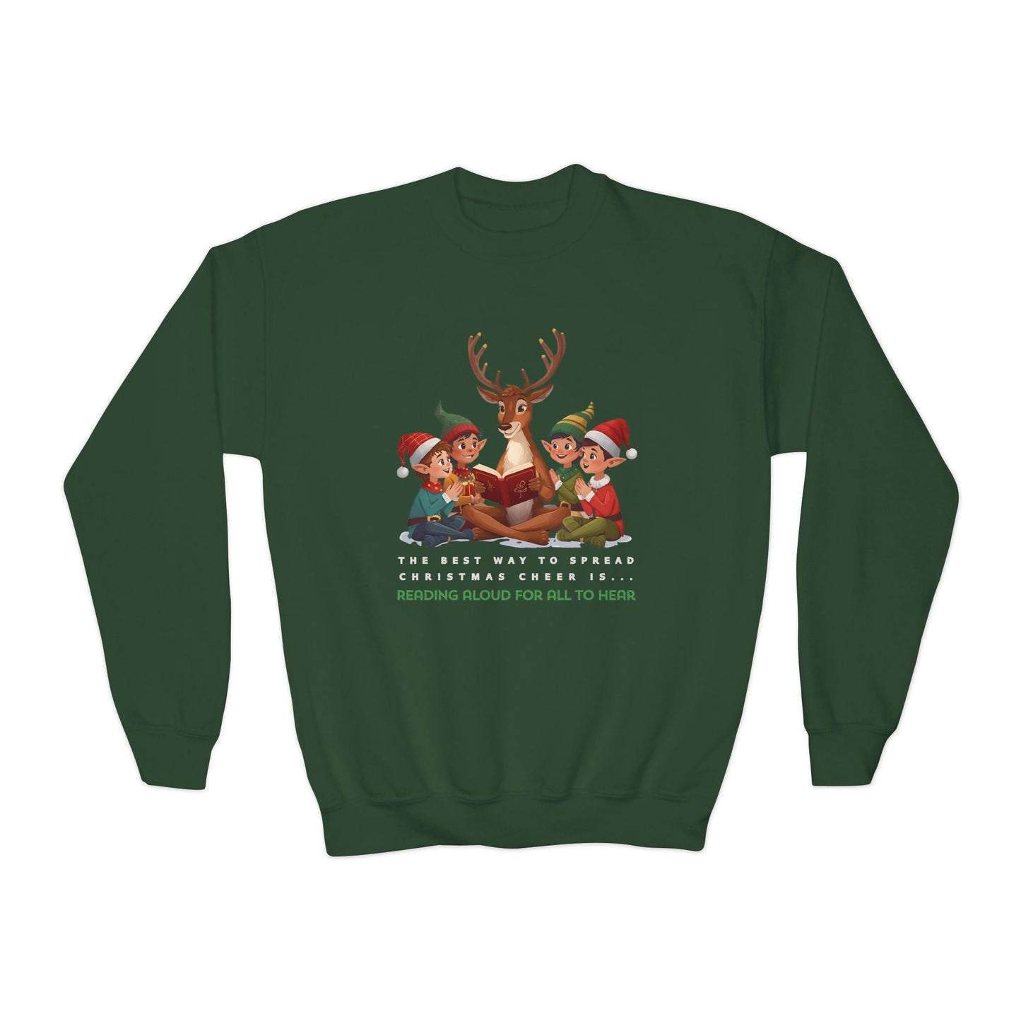 Youth Christmas Cheer Reading Sweatshirt â€“ Reindeer Storytime Design Printify