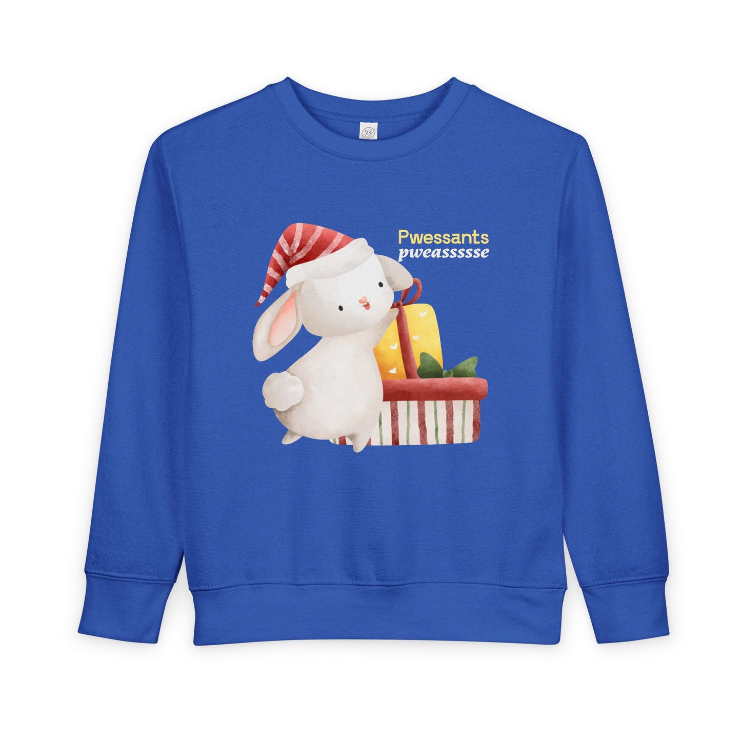 Blue toddler sweatshirt with a cartoon bunny wearing a Christmas Hat and reaching for presents, text 'Pwessants Pweassssse'