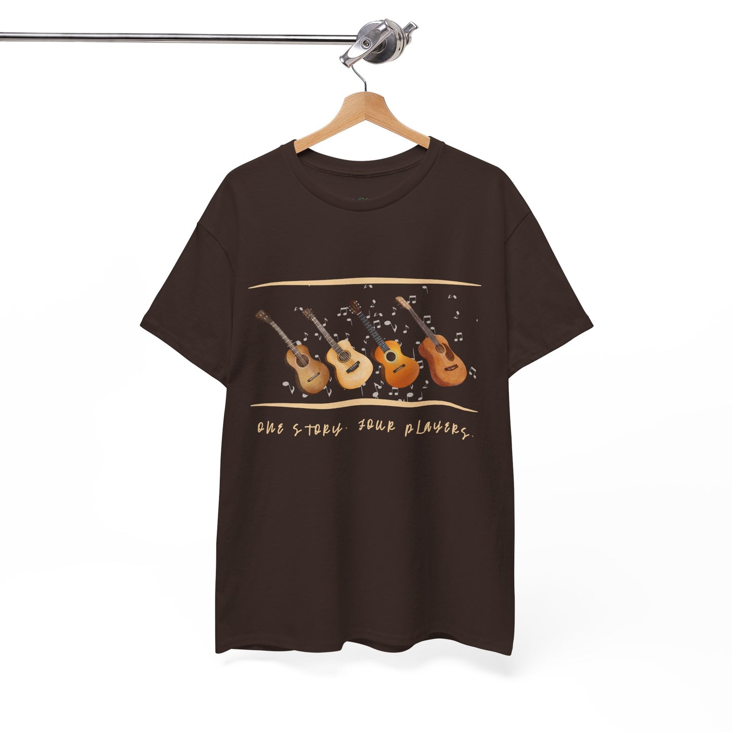 Brown t-shirt with four guitars and text 'one story, four players'