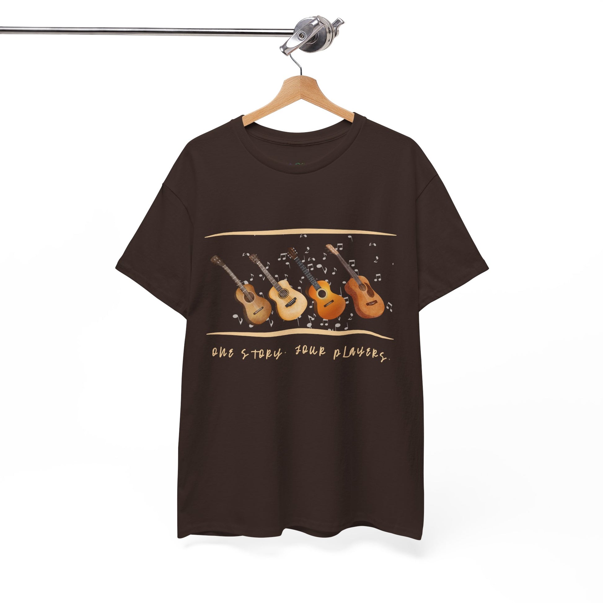 Brown t-shirt with four guitars and text 'one story, four players'