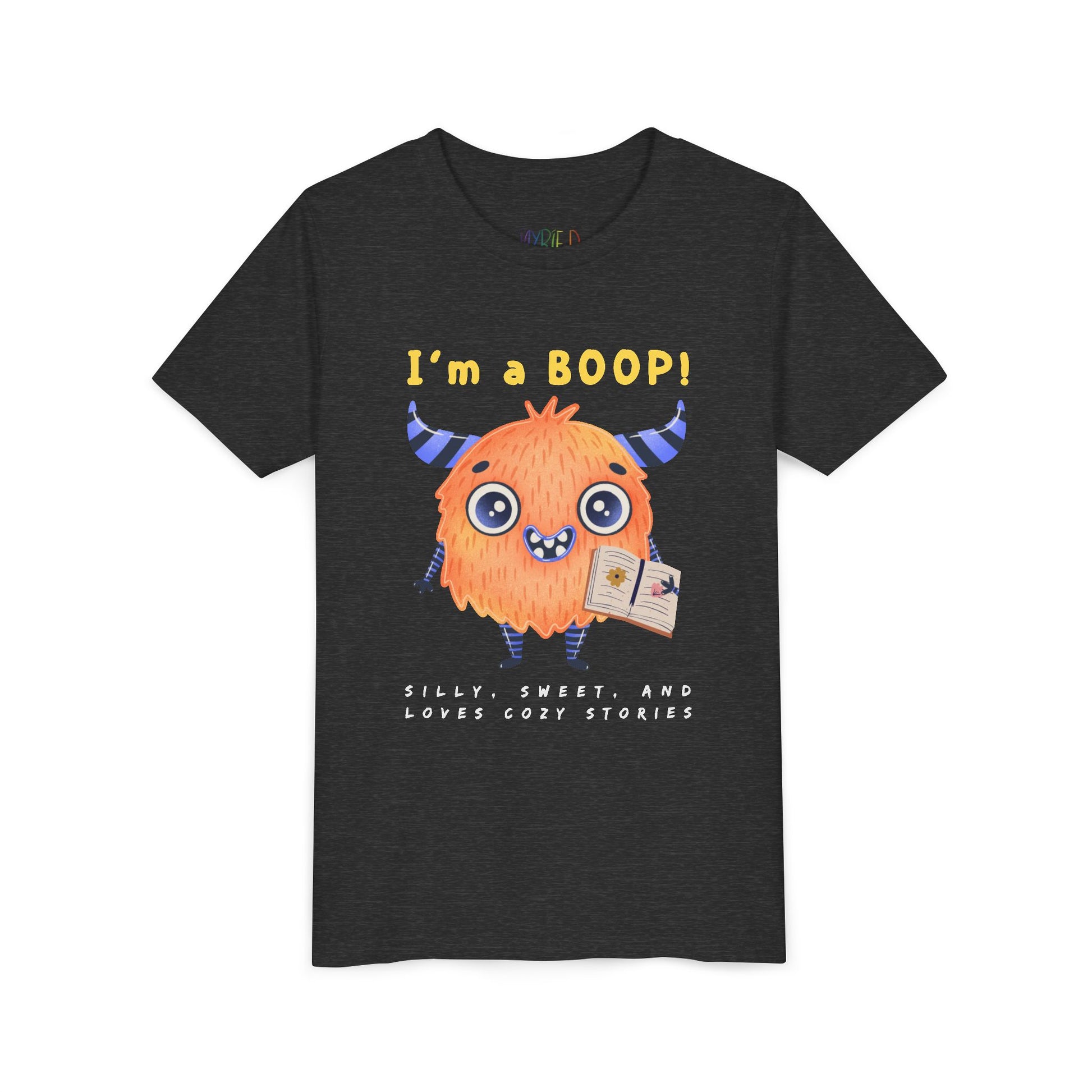 Dark t-shirt with a cartoon monster and text 'I'm a BOOP!'